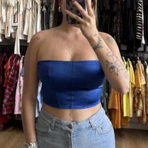 Top strapless azul satinado